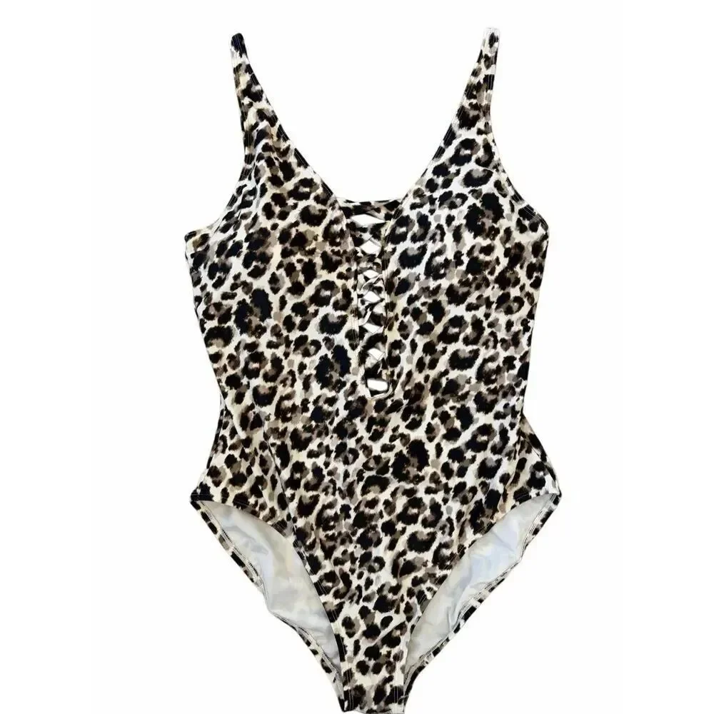 BLEU Rod Beattie Skin Games Lace-Up One-Piece Swimsuit in Leopard Print Size 14